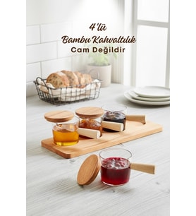 4'lü Ahşap Standlı Bambu Saplı Mika Sosluk Reçellik Çerezlik Ikramlık Sunumluk-cam Değildir