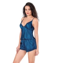 Petrol Mavi Saten Babydoll Şort Takımı