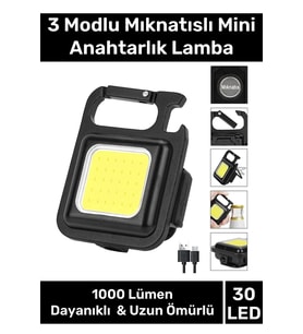 3 Mod Açacaklı Usb Şarjlı Taşınabilir Metal 1000 Lümen El Feneri Mıknatıslı Mini 30 LED Anahtarlık