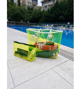 Neon Sarı Rengi Baskılı Şeffaf Plaj Çantası
