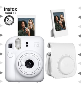 Instax mini 12 Beyaz Fotoğraf Makinesi-Çerçeve ve Deri Kılıf Seti