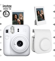 Instax mini 12 Beyaz Fotoğraf Makinesi-Çerçeve ve Deri Kılıf Seti