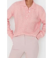 Kadın Modern Tarz Rahat Uzun Polo Yaka Saç Örgü Kol Regular Triko Kazak (Pembe)