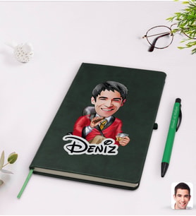 BK Gift Kişiye Özel Erkek Patron Karikatürlü Yeşil Termo Deri Defter Kalem Seti Model 2