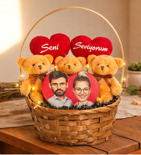 Sevgililer Gününe Özel Seni Seviyorum Tasarımlı Kahverengi Peluş Ayıcık Karikatür Sepeti