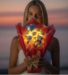 LED Işıklı 6’lı Bej Peluş Ayıcık Buketi – Kalp Balonlu Arkadaşa, Eşe, Kıza ve Sevgiliye Romantik Hediye (Kırmızı)