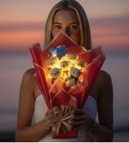 LED Işıklı 6’lı Bej Peluş Ayıcık Buketi – Kalp Balonlu Arkadaşa, Eşe, Kıza ve Sevgiliye Romantik Hediye (Kırmızı)