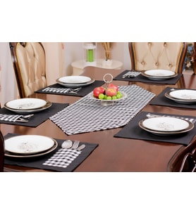 Amerikan Servis Supla Ve Runner Seti 12 Kişilik Set Siyah Ekose Desen Salon ve Masa Sunum Takımı