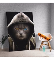 Renkli Gözlü Kapşonlu Kedi Adam Temalı Dekoratif Kanvas Tablo