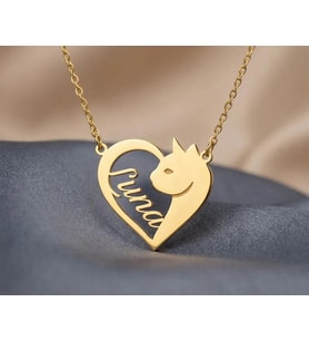 Kişiye Özel 925 Ayar Gümüş Tasarım Kedi Figürlü Kalp İsim Kolye (Gold)