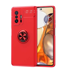 Xiaomi Mi 11T 5G Kılıf Yüzüklü Standlı Manyetik Kamera Korumalı Silikon (Kırmızı)