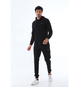 Erkek İki İplik Kumaş Sweatshirt Kapüşonlu Bel Lastikli Eşofman Takımı - 7720 (Siyah)