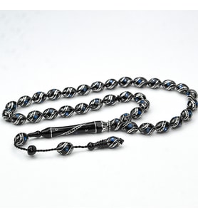 Oltu Taşı Çift Çeşm-i Bülbül  Mavi İşlemeli Tespih