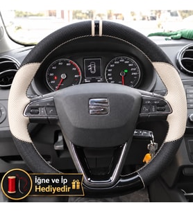 Seat Leon MK3 Dikme Direksiyon Kılıfı Delikli Deri Parlak Siyah Bej Detay Çift Yüzük ve Dikiş 2012-2016