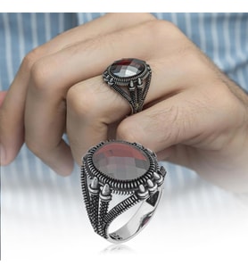 Oval Kırmızı Taşlı 925 Gümüş Erkek Yüzük