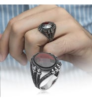 Oval Kırmızı Taşlı 925 Gümüş Erkek Yüzük