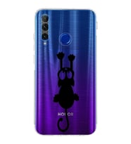 Huawei Honor 20 Lite  Kamera korumalı Kapak Çizgi Kedi (Siyah) Tasarımlı Şeffaf Kılıf
