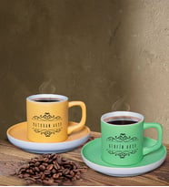 BK Gift Kişiye Özel İsimli Sarı ve Yeşil Renk İkili Türk Kahvesi Fincan Seti-9, Ev Hediyesi, Arkadaşa Hediye, Doğum Günü Hediyesi