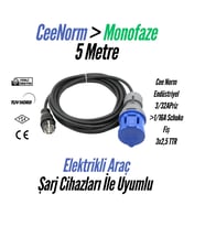 Bemis Elektrikli Araç Monofaze Uzatma Kablosu 16A  5 Metre, 3,7 kW  1/16A Fiş – 3/32A Priz  3x2,5 TTR
