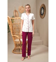 Pjs 25144 Premium Kadın V Yaka Boydan Düğmeli Rahat Kısa Kollu Pijama Takım