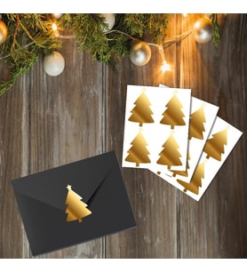 Yapışkanlı Çam Ağacı Şekilli Gold Sticker Etiket Hediye Paketleme Parti Hediyeleri 12 Adet 3x5 Cm-T270