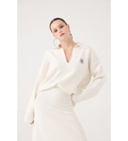 Oversize Kesim Polo Yaka Zoi Triko Kazak Beyaz