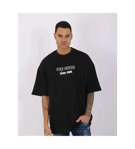 Unisex Bisiklet Yaka Baskılı Oversize T-Shirt - Siyah
