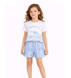 Çiçek Baskılı Mavi Şort & T-shirt Takım