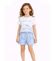 Çiçek Baskılı Mavi Şort & T-shirt Takım