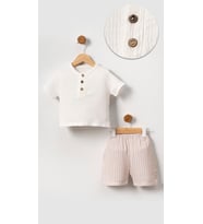 Unisex Bebek&Çocuk %100 Pamuklu Çizgili Düğmeli Müslin Şort Takım-Bej