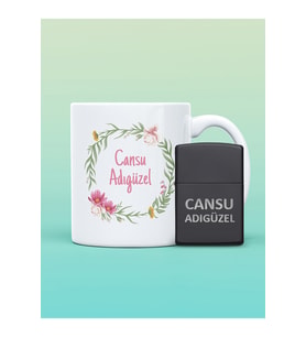 Çiçek Desenli İsimli Kupa Bardak ve Kişiye Özel İsimli Zippo (Siyah - Beyaz)