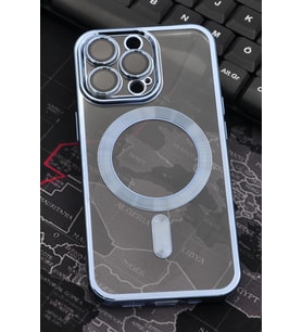 iPhone 13 Pro Uyumlu MagSafe Özellikli Saks Mavi Renkli Kenarlı Lazerli Şeffaf Kılıf Lens Korumalı (Renksiz)