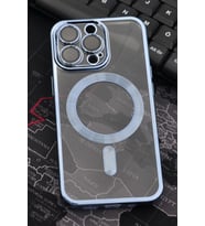 iPhone 13 Pro Uyumlu MagSafe Özellikli Saks Mavi Renkli Kenarlı Lazerli Şeffaf Kılıf Lens Korumalı (Renksiz)
