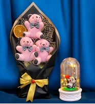 Pembe Peluş Ayıcıklı Büyük Boy Ayıcık Buketi ve Led Işıklı Tasarım Fanus (Model 5)