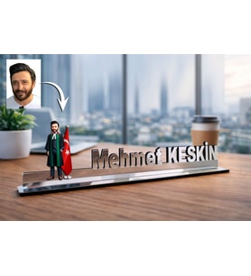 Kişiye Özel Avukat Karikatürlü 30 cm Ayna Pleksi Masaüstü İsimlik - Avukat Hediyesi Avukata ve Hukukçuya Hediye