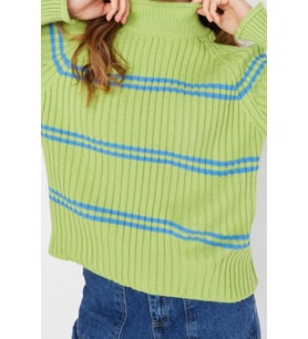 Stil Modern Kadın Regular Reglan Kol Dik Yaka Çizgili Triko Kazak (Yeşil)