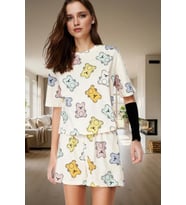 Kadın Ayıcıklı Pamuklu Pijama Takımı Renk Rahat Kalıp Yazlık Trend Tasarım Profesyonel Görünüm (Ekru)