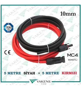 Mc4 Soketli (5m+5m) 10 Metre 10mm Güneş Paneli Hazır Solar Kablo Siyah Kırmızı (Siyah-Kırmızı)