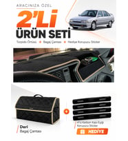 RENAULT 21 CONCORDE (1990-1996) Uyumlu Torpido Örtüsü + Deri Bagaj Çantası + Sticker Seti - Siyah Bej