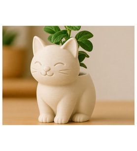 Alvera Sevimli Kedi Saksı – 3D Baskı Figürlü Minik Yeşil Saksısı-Bej