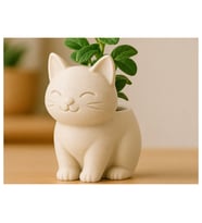 Alvera Sevimli Kedi Saksı – 3D Baskı Figürlü Minik Yeşil Saksısı-Bej