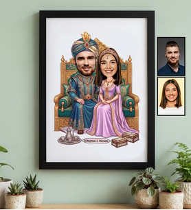 Kişiye Özel Karikatürlü Osmanlı Padişahı ve Sultanı Sevgiliye Hediye Siyah Çerçeve Sevgililer Günü Hediyesi
