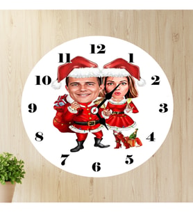 Karikatürlü Çift Noel Anne Baba Yılbaşı Duvar Saati