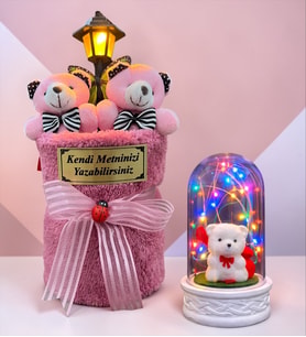 Size Özel Sokak Lambalı Peluş Ayıcık Buketi ve Renkli Işıklı Beyaz Ayıcıklı Fanus