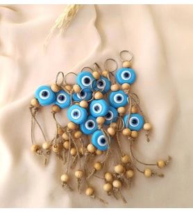 Nazar Boncuk Anahtarlık Mavi 10 Adet Kötü Göz Kovucu Ahşap Boncuklu Nazar Hand Made Hasır Nazarlı Anahtarlık