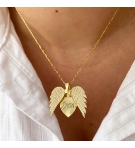 Gümüş Taşlı İsimli Melek Kanatlı Kolye (Gold)