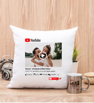 Kişiye Özel Youtube Tasarım Fotoğraflı Kare Yastık ve Silver Kupa