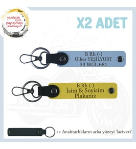 Hız Severlere Özel, İsim Plaka ve B Rh (-) Kan Grubu Yazılı Deri x2' li Anahtarlık, Sarı-Mavi-Laci (Çok Renkli)