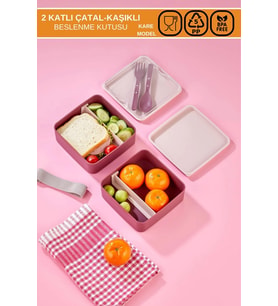2 Katlı Kare Beslenme Kabı - Yemek Kabı - Saklama Kabı Seti