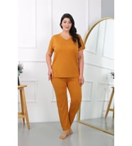 Kadın Büyük Beden Kısa Kol Penye Pijama Takımı Hardal